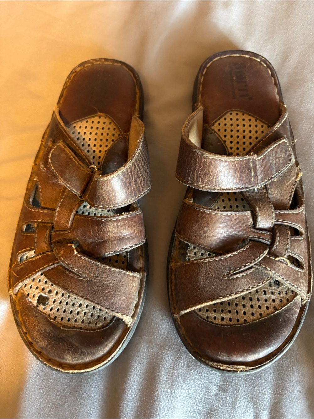 Bernardo Brown Leather Perforated Slide Sandals